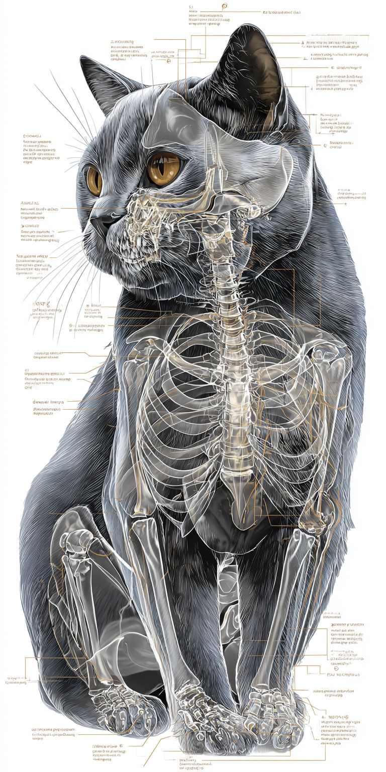 An anatomical diagram of a British Shorthair cat with a round face and dense blue-gray fur