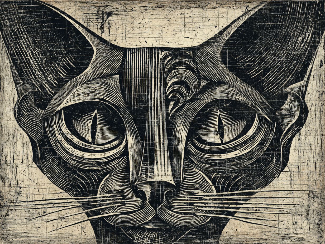 Un grabado de madera de una cabeza de gato siames simétrica