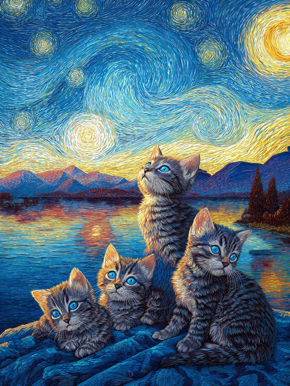 Um grupo de gatinhos sentados sobre uma manta azul em frente à água com montanhas e árvores ao fundo