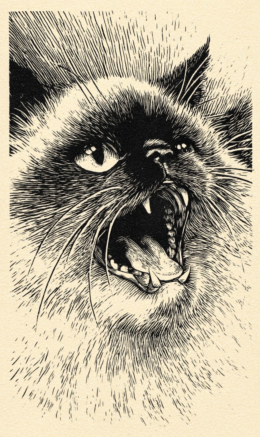 رسم بسيط لنقش خشبي لقط غاضب