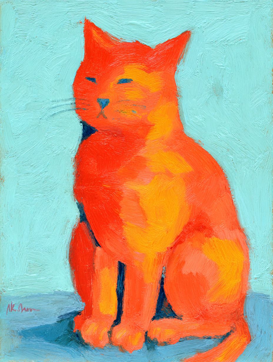 A funny fat orange cat sitting against a bright and fresh blue background