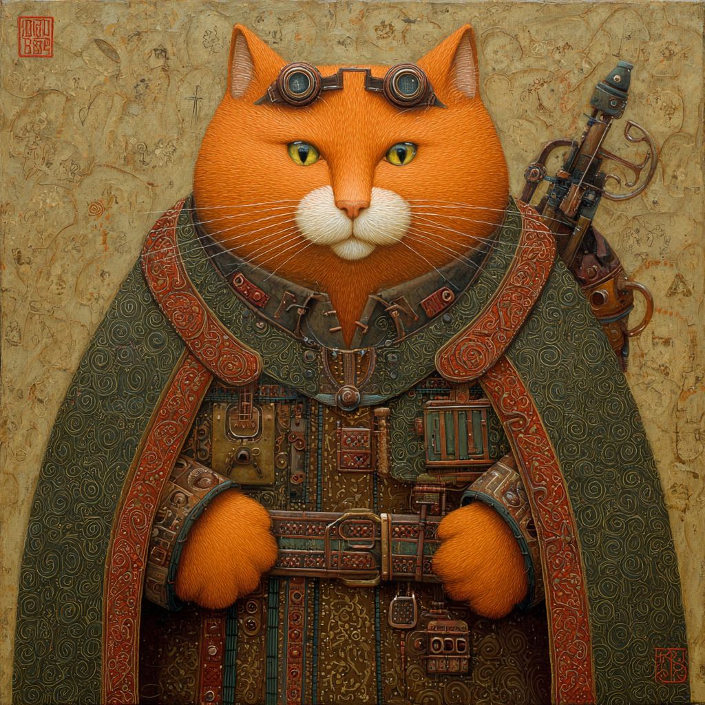 스팀펑크 디테일이 있는 오렌지색 비만 고양이의 르네상스 스타일 그림
