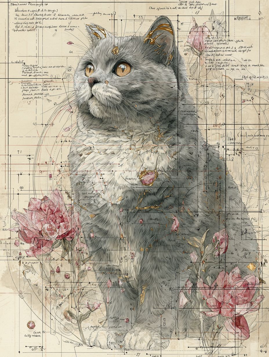 솜털 같은 회색과 흰색의 브리티시 쇼트헤어 고양이, 코트에 장미 석영 크리스탈이 박혀 있고, 금색 장식이 있는 뿔이 있습니다