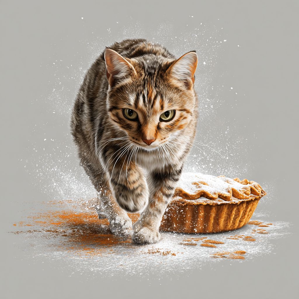 호박 파이를 걷고 있는 고양이 디자인, 뒤에 발자국