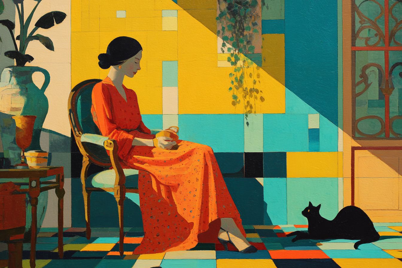 一位女性和两只猫在一个房间里