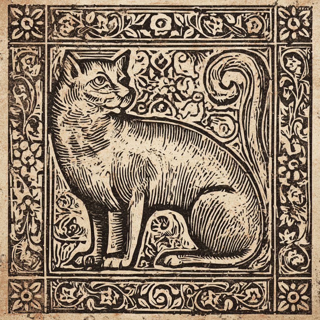 Ilustração de um gato em estilo medieval com linhas grossas e motivos florais decorativos