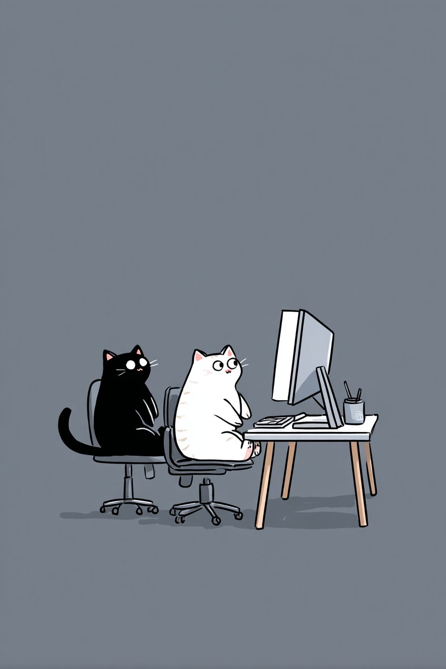 Dois gatos engraçados de escritório, um sentado na cadeira e o outro ao lado, ambos olhando para o monitor do computador