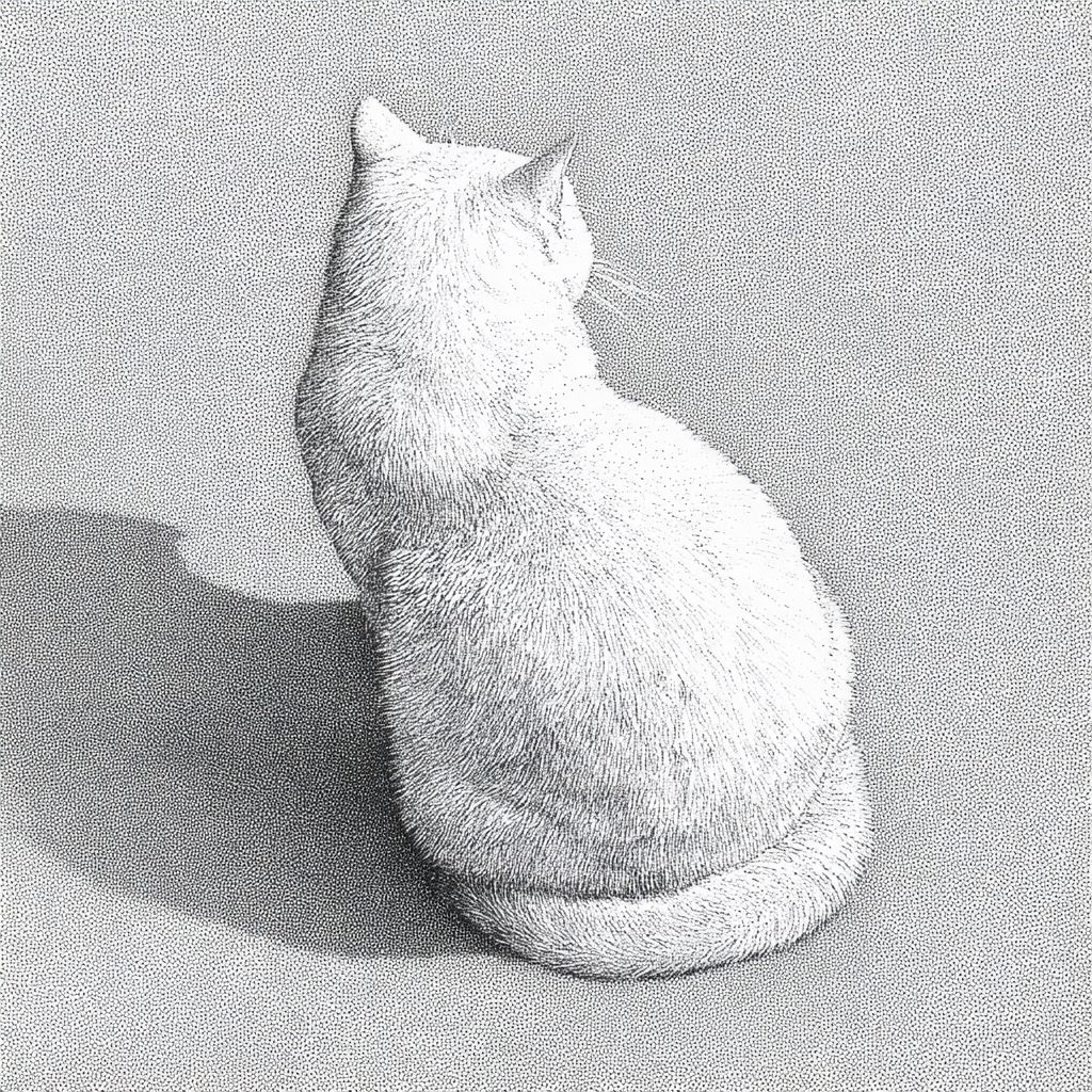 Eine dicke weiße Katze sitzt und sieht in den Spiegel