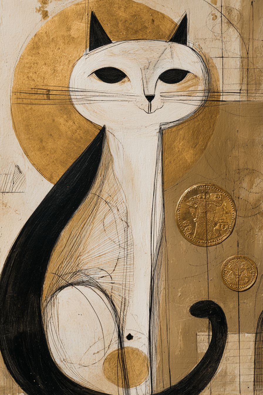 Una pintura abstracta llamada Gato Negro presenta un gato sonriente y tres monedas victorianas doradas