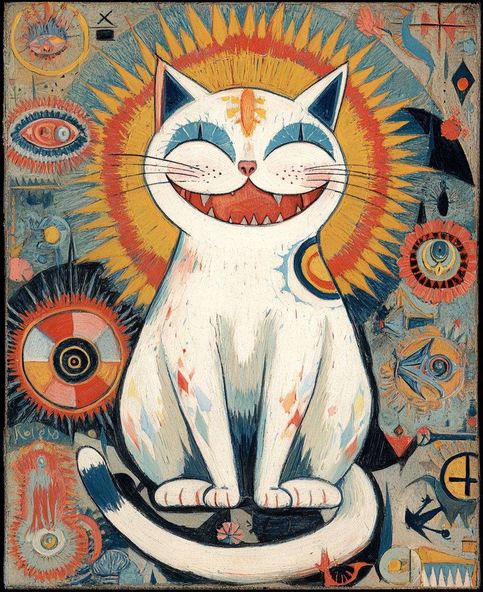 一只可爱微笑的猫，背景有神秘符号雕刻