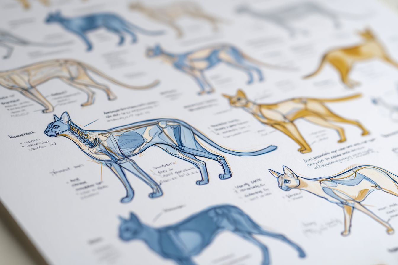 Esta é uma ilustração anatômica de raças de gatos para o estudo de biologia e estrutura animal, apresentando características anatômicas chave em um estilo de arte linear simplificado