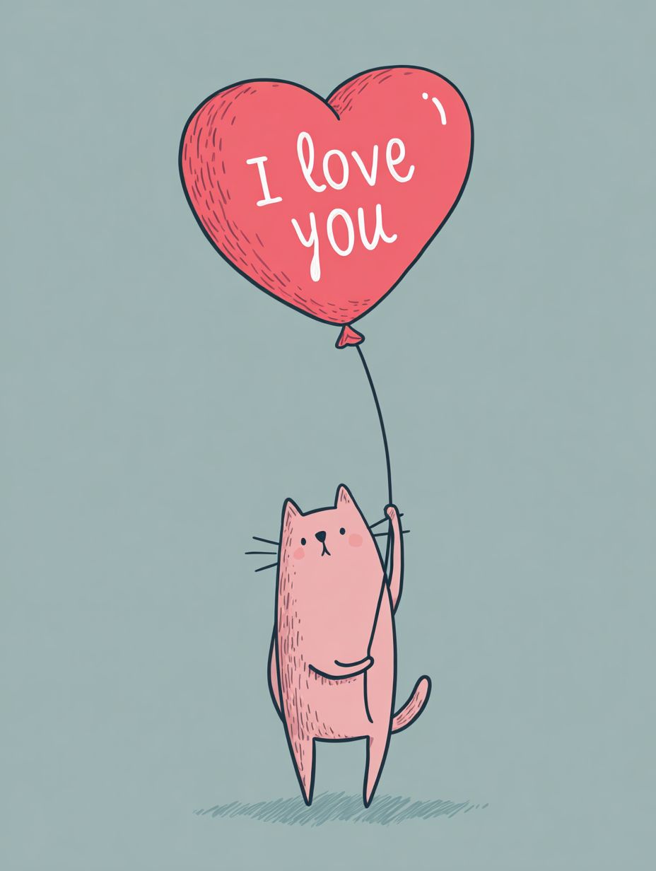 一隻可愛的棒棒貓手舉著一個巨大的心形氣球，上面寫著“我愛你”，背景為柔和的藍色