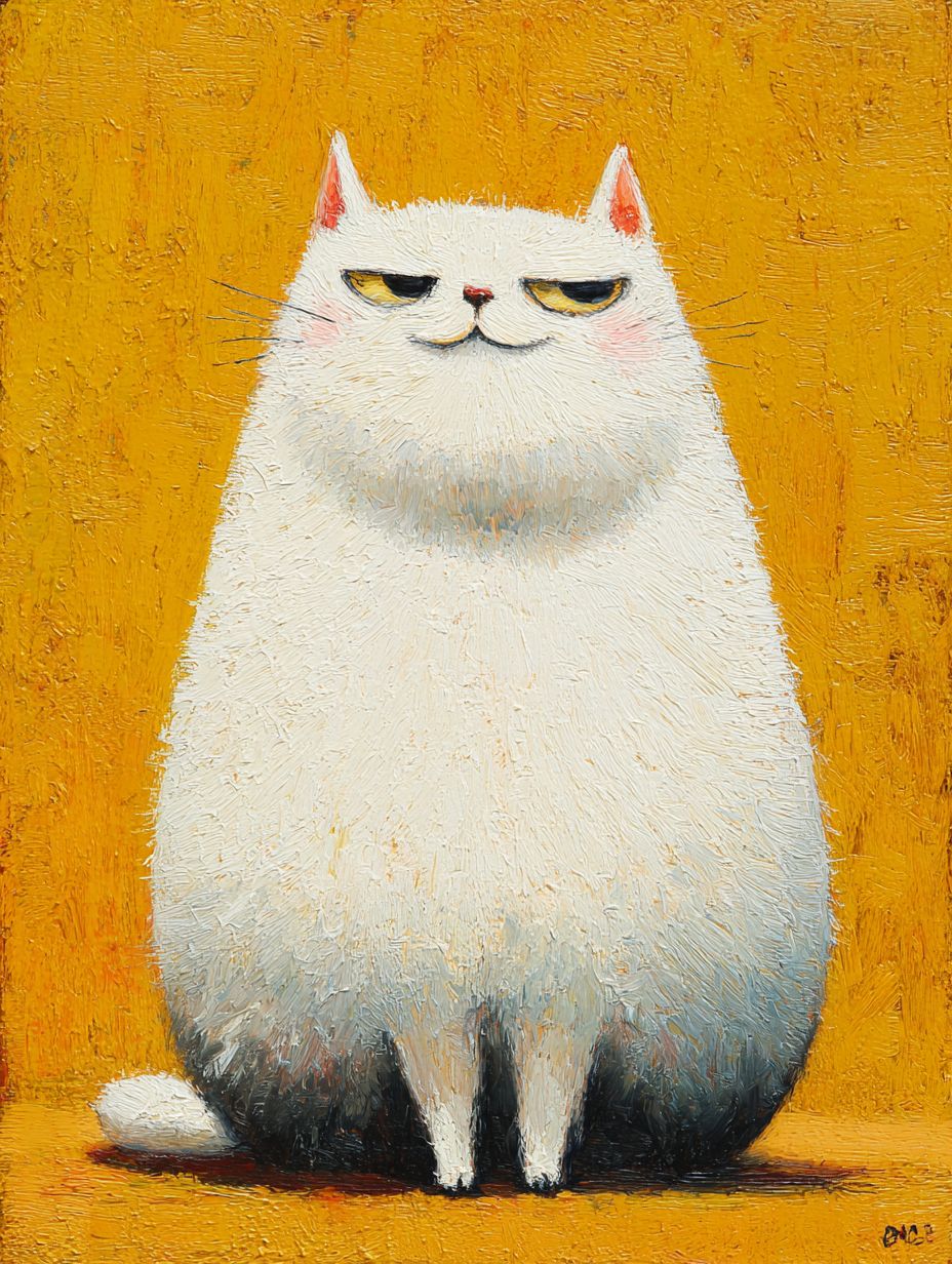 A humorous painting of a chubby cartoonish white cat with a smug expression