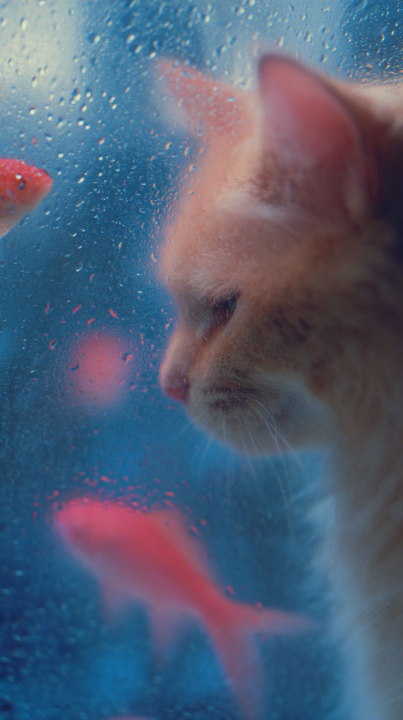 Un retrato hiperrealista de un gato lindo y un pez rojo