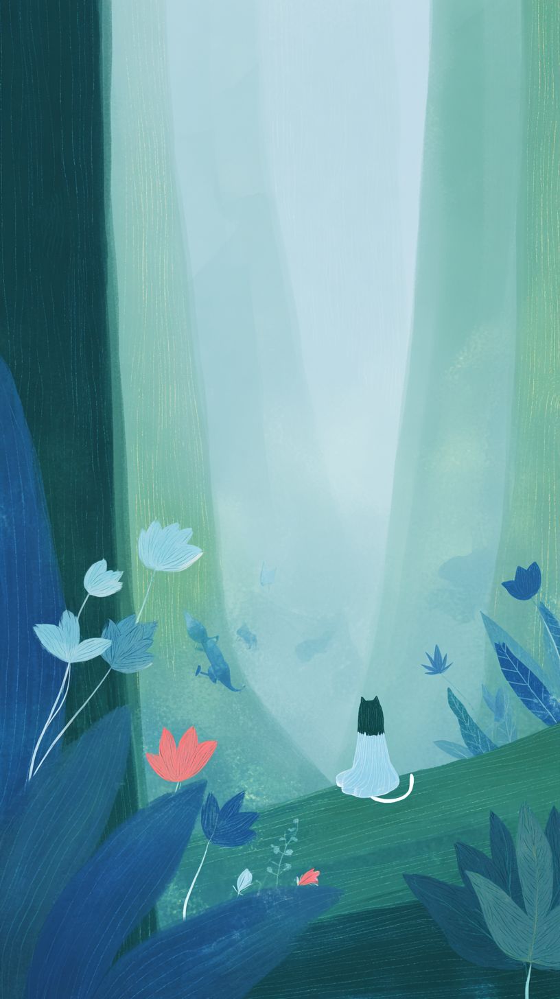 아마존 열대우림의 그림, 높은 나무와 꽃, 동물을 묘사