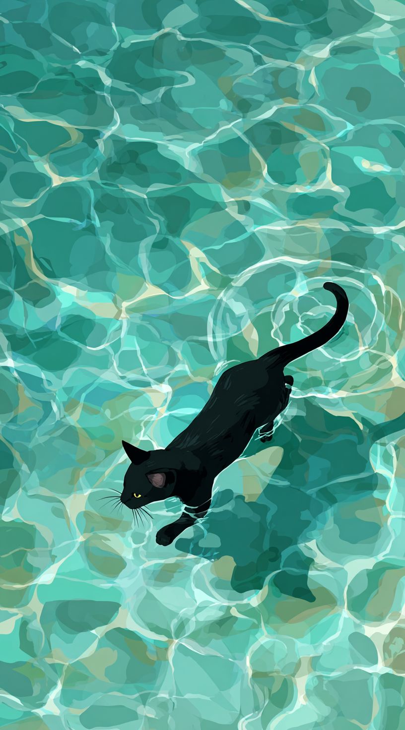 Черная кошка плавает в воде, подходит для мобильного обоя