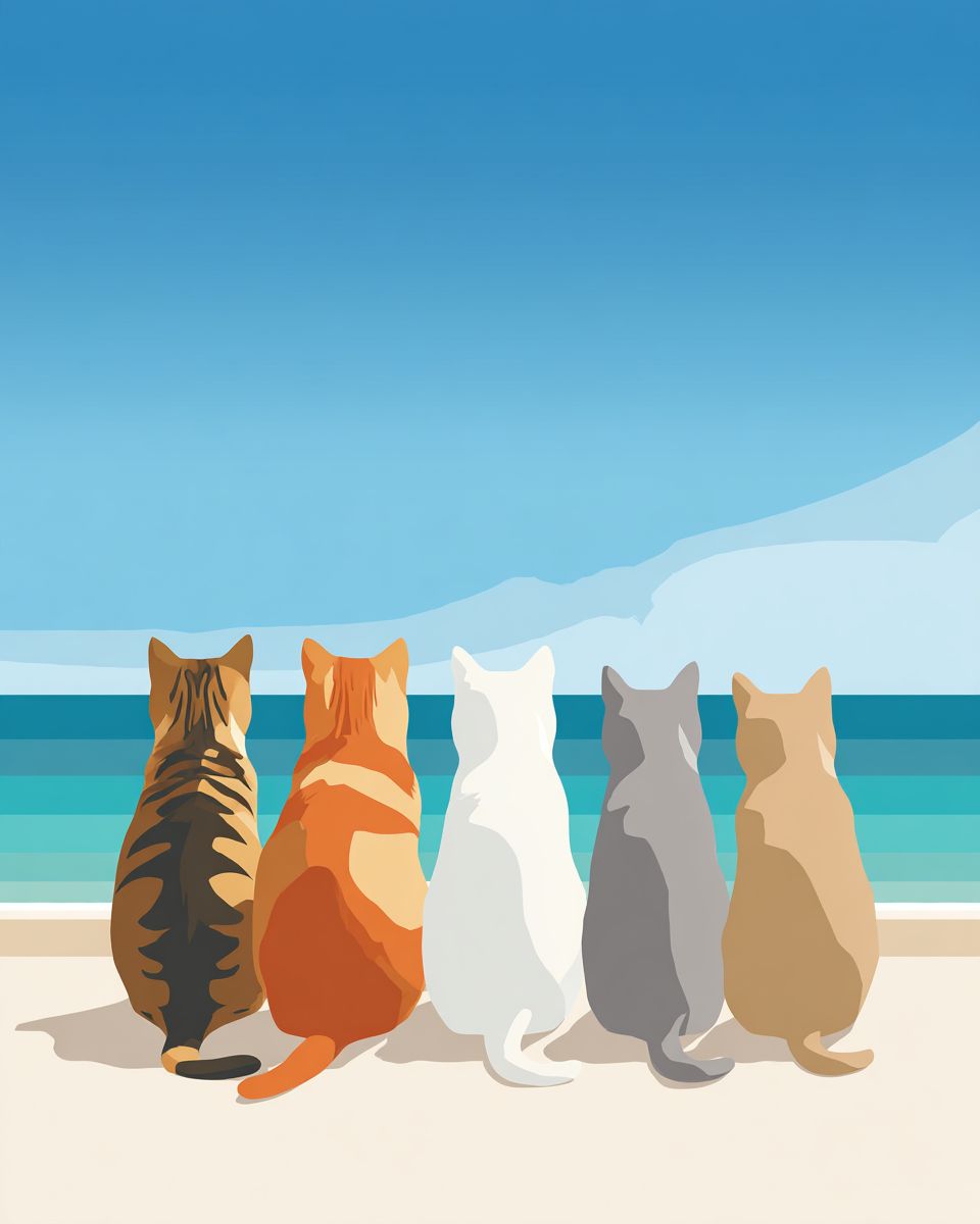 خمسة قطط جالسة على الشاطئ تنظر إلى البحر