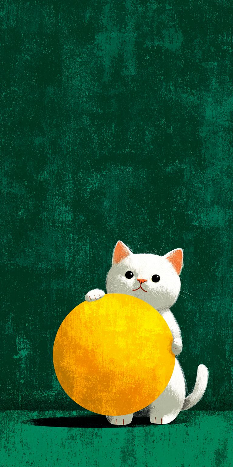 녹색 배경에 큰 노란 공을 들고 있는 귀여운 흰 고양이