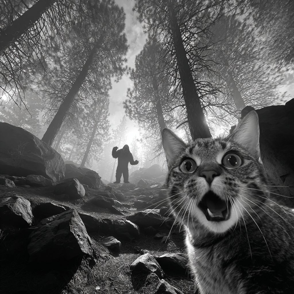 قط شمري متحمس يأخذ سيلفي في غابة ضبابية مع شخصية بيغ فوت صديقة في الخلفية