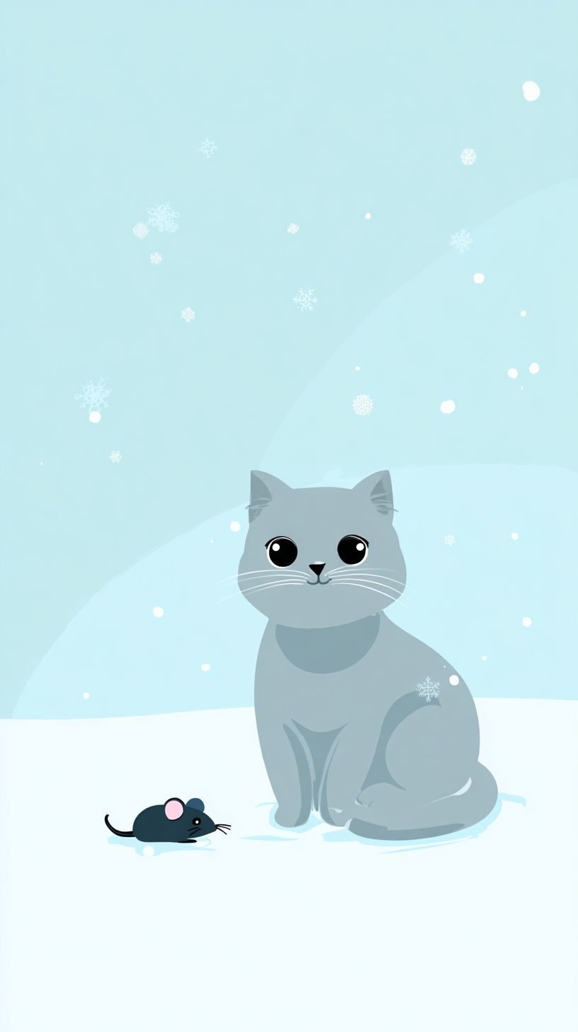 Un mignon British Shorthair assis dans la neige avec une petite souris noire à ses côtés