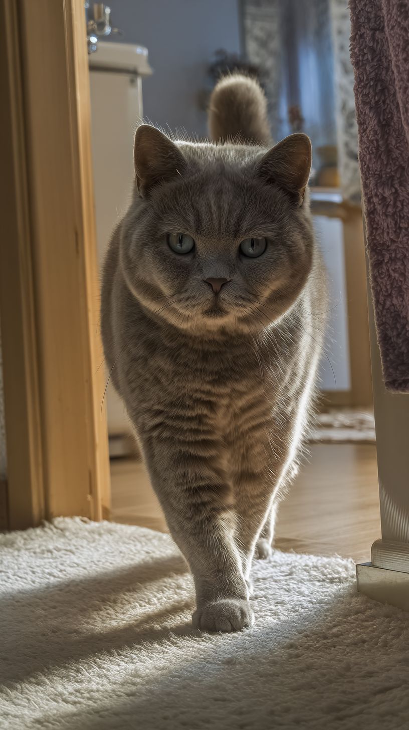 قط بريطاني قصير الشعر بلون فضي أنيق، مع عيون زرقاء خضراء نادرة وسمات شيخوخة ناعمة