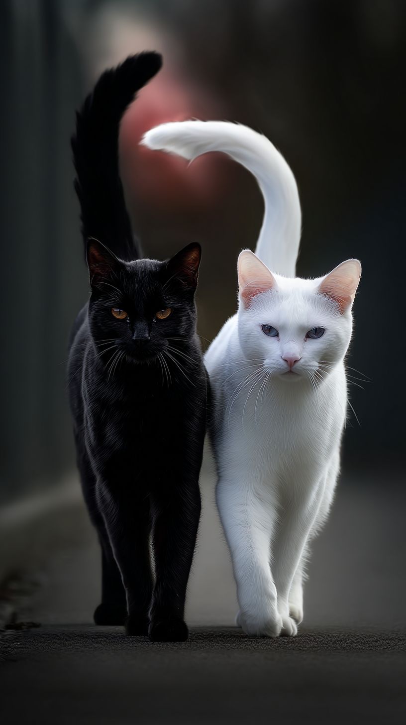 قط أسود وآخر أبيض يمشيان جنبًا إلى جنب، وذيولهما تشكل قلبًا