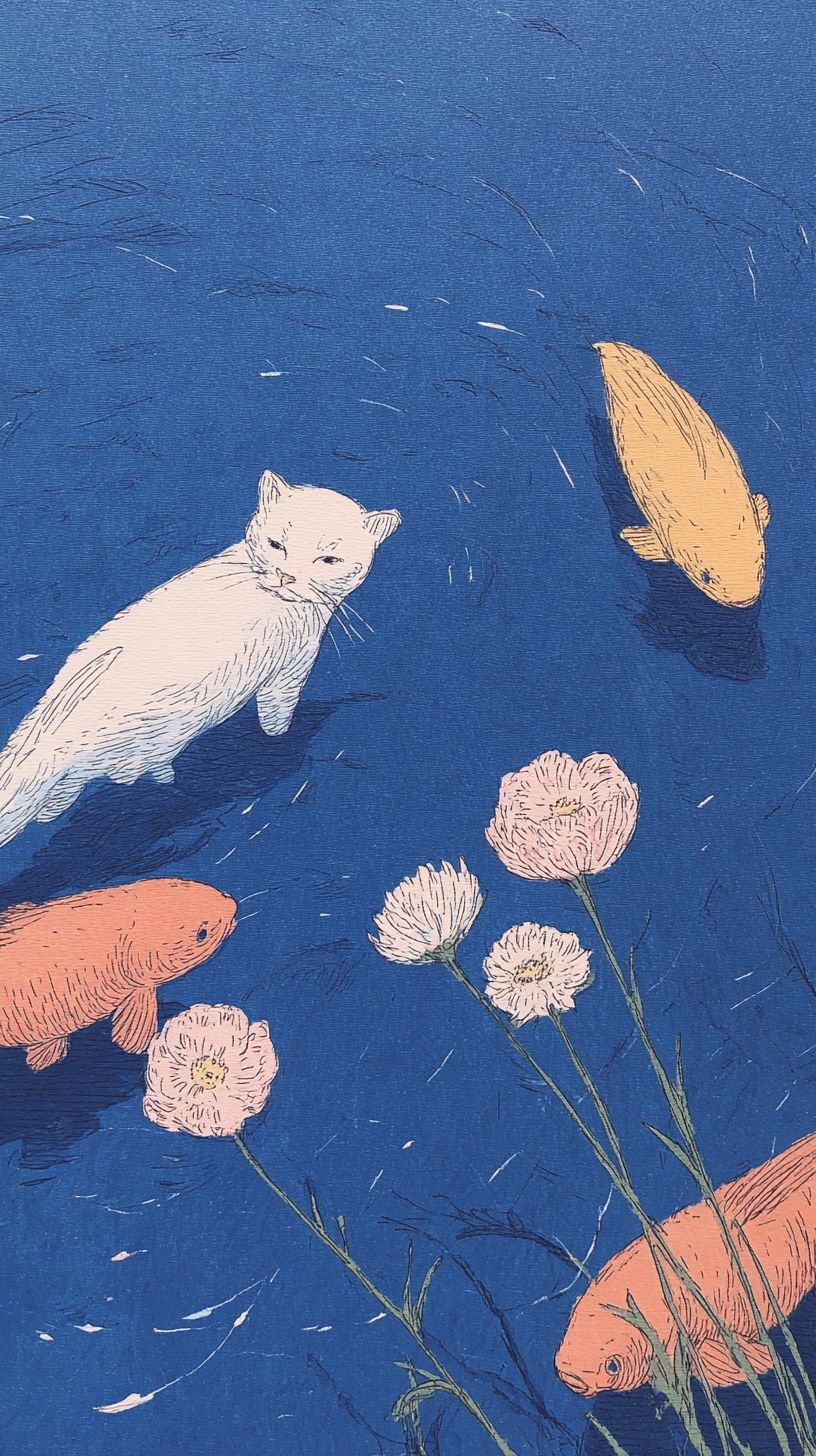 في المساء الأزرق، قطة تجري نحو طاولة بها مزهريات زجاجية وأسماك ذهبية