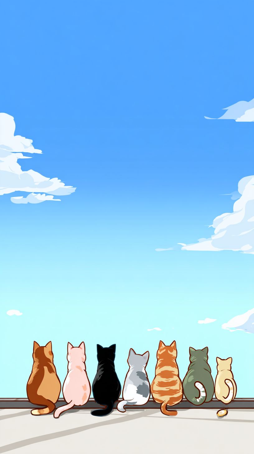 Ocho gatos adorables de diferentes colores y tamaños sentados en el borde con un fondo de cielo azul