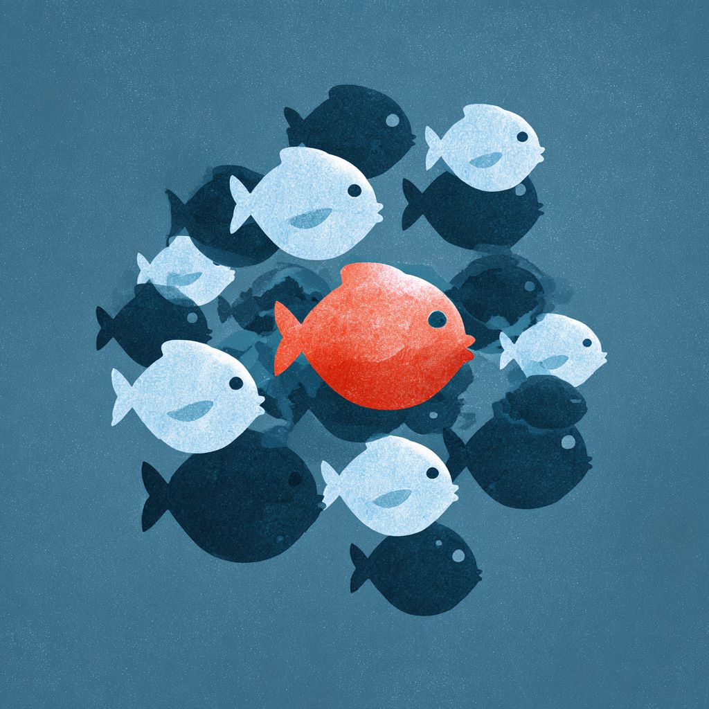 一本極簡主義兒童書籍插圖，畫了一條小魚在水下被大魚圍繞