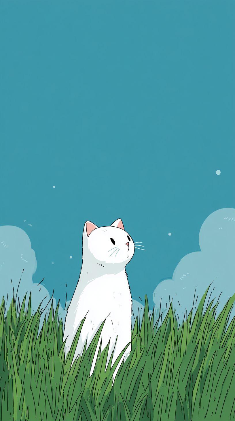 A cute digital illustration of a white cat looking up at the sky in a green grass field