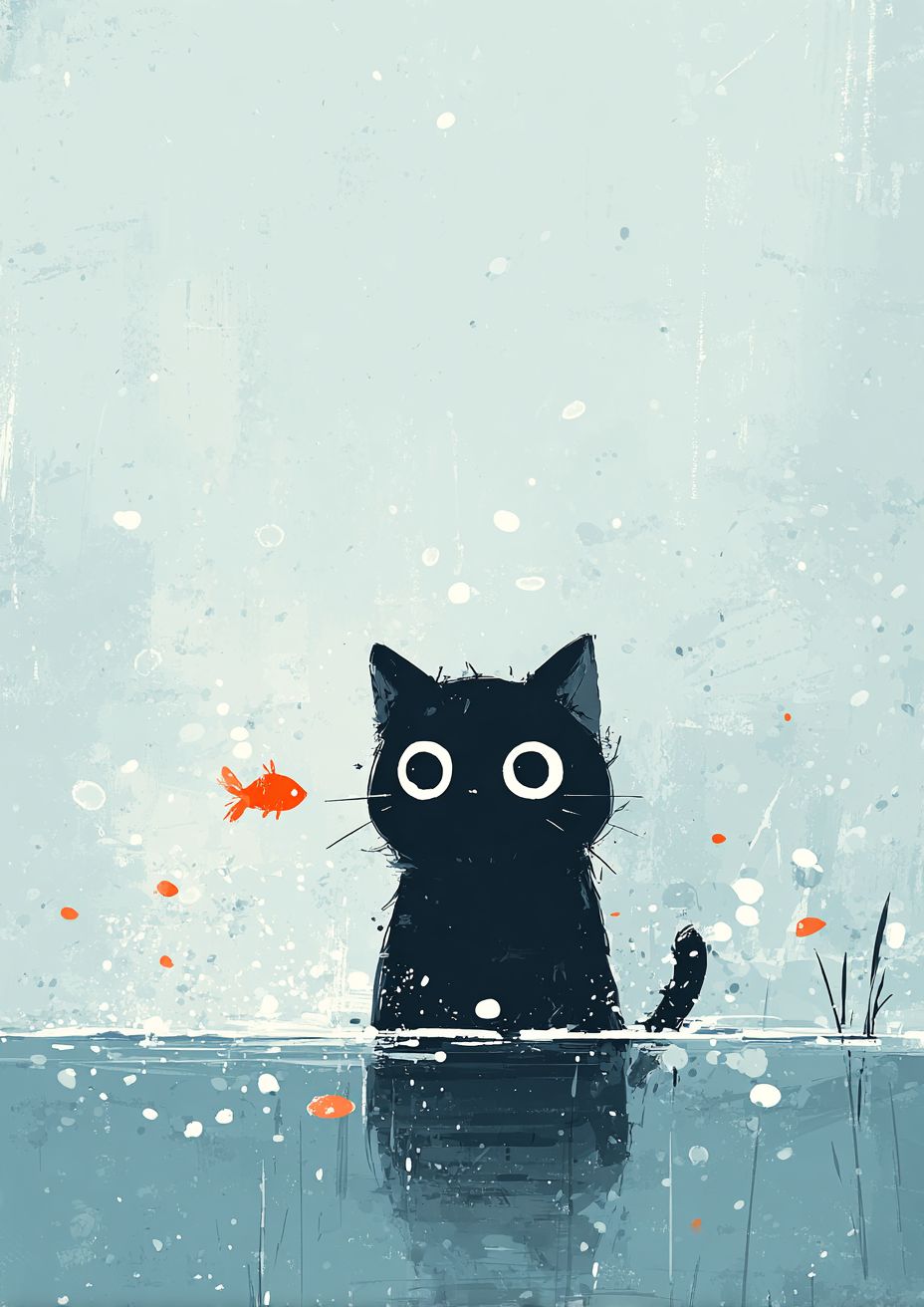 A black cat is swimming in the water surrounded by little fish
