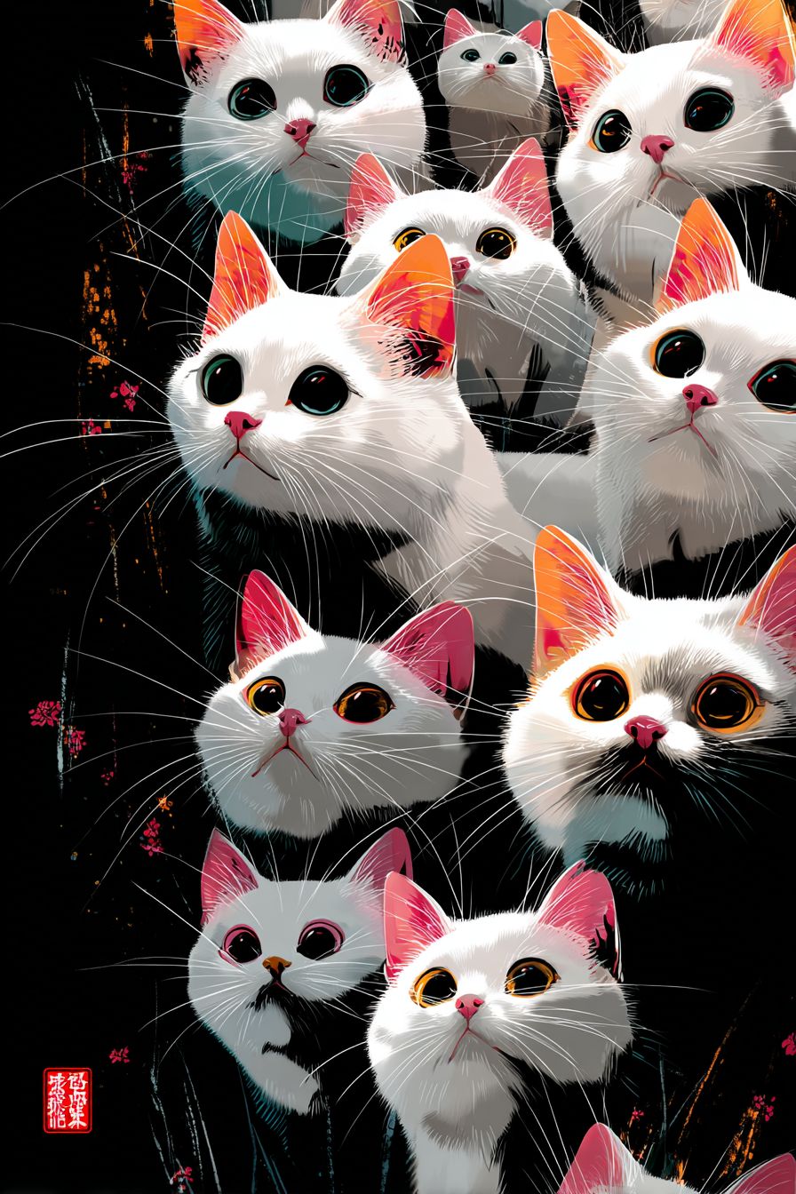 大きな目を持つ白い猫の群れ、黒い背景にシンプルな線とフラットなイラストで描かれた