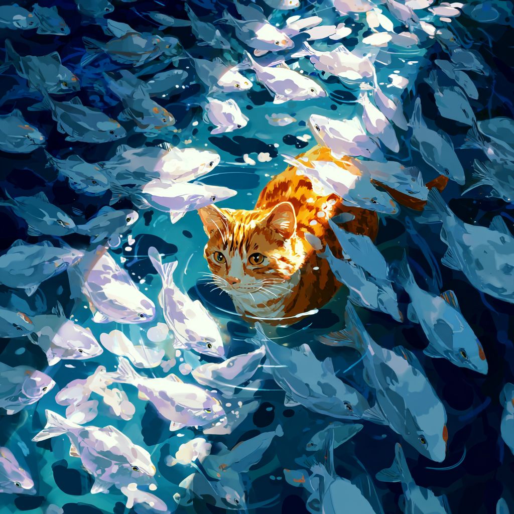 Un gato atigrado anaranjado se esconde en el agua azul rodeado de peces blancos