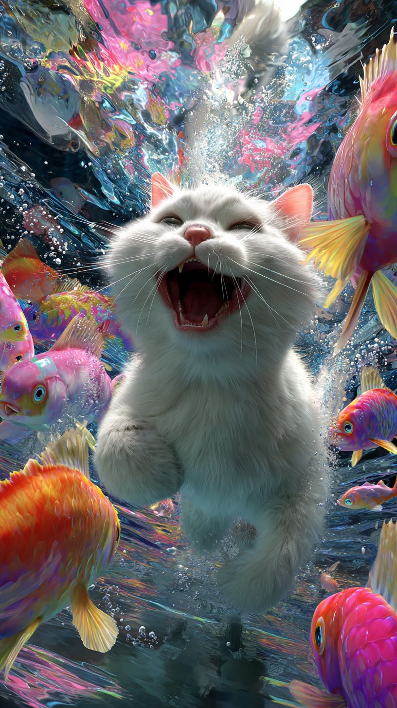 一隻白貓在水下快樂地玩耍