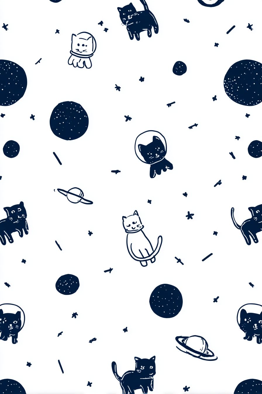 Ilustración simple y linda de gatos espaciales en tinta azul oscuro sobre fondo blanco
