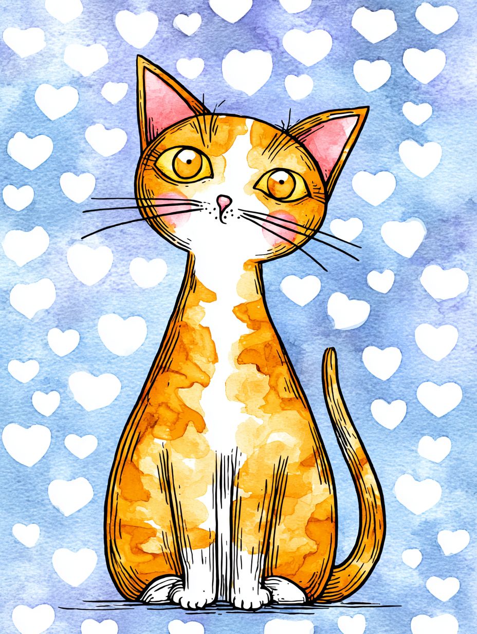A charming cartoon cat floating in the air with 100 small hearts in the background