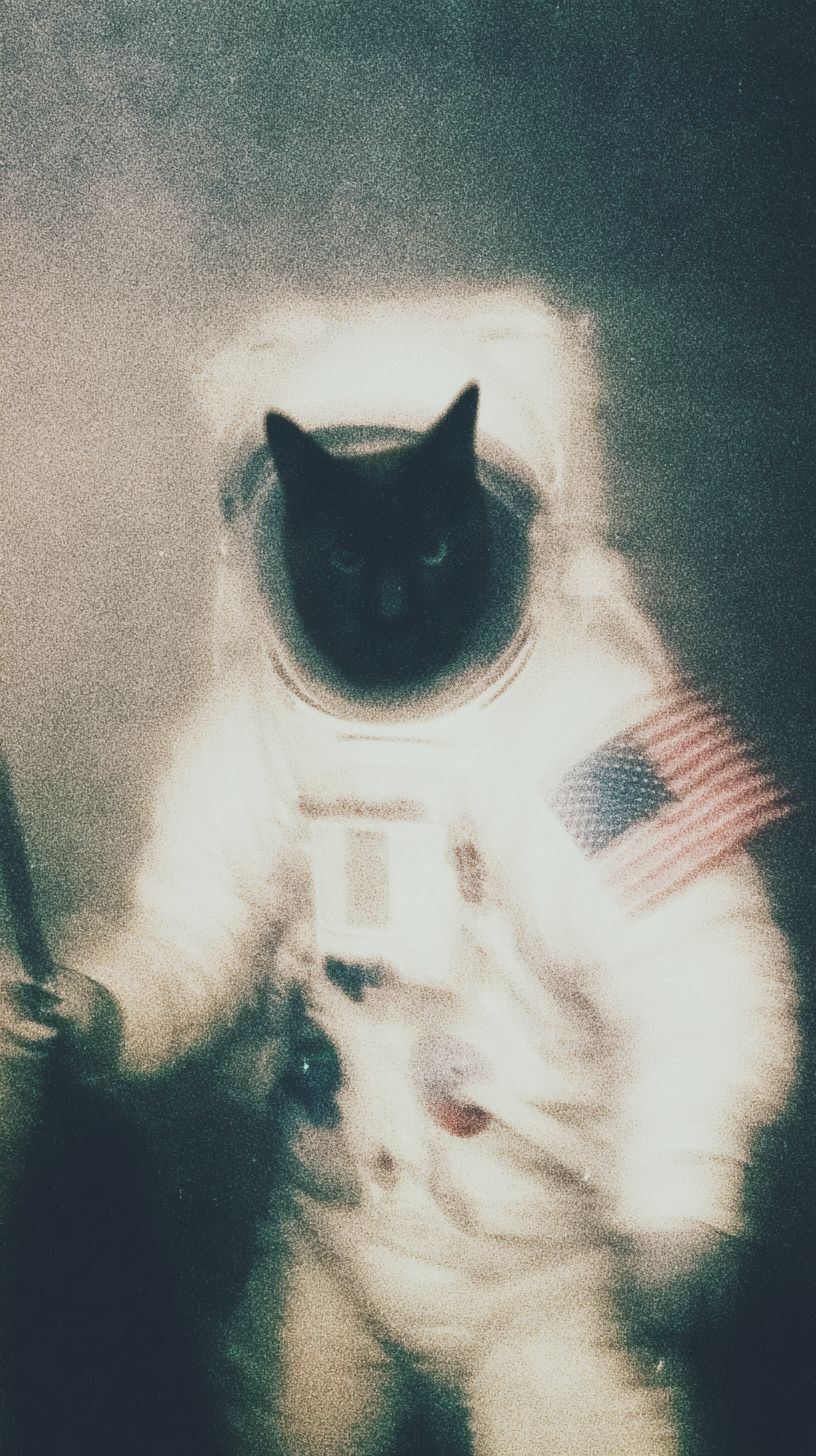 Close up of a black cat in an astronaut suit with a US flag