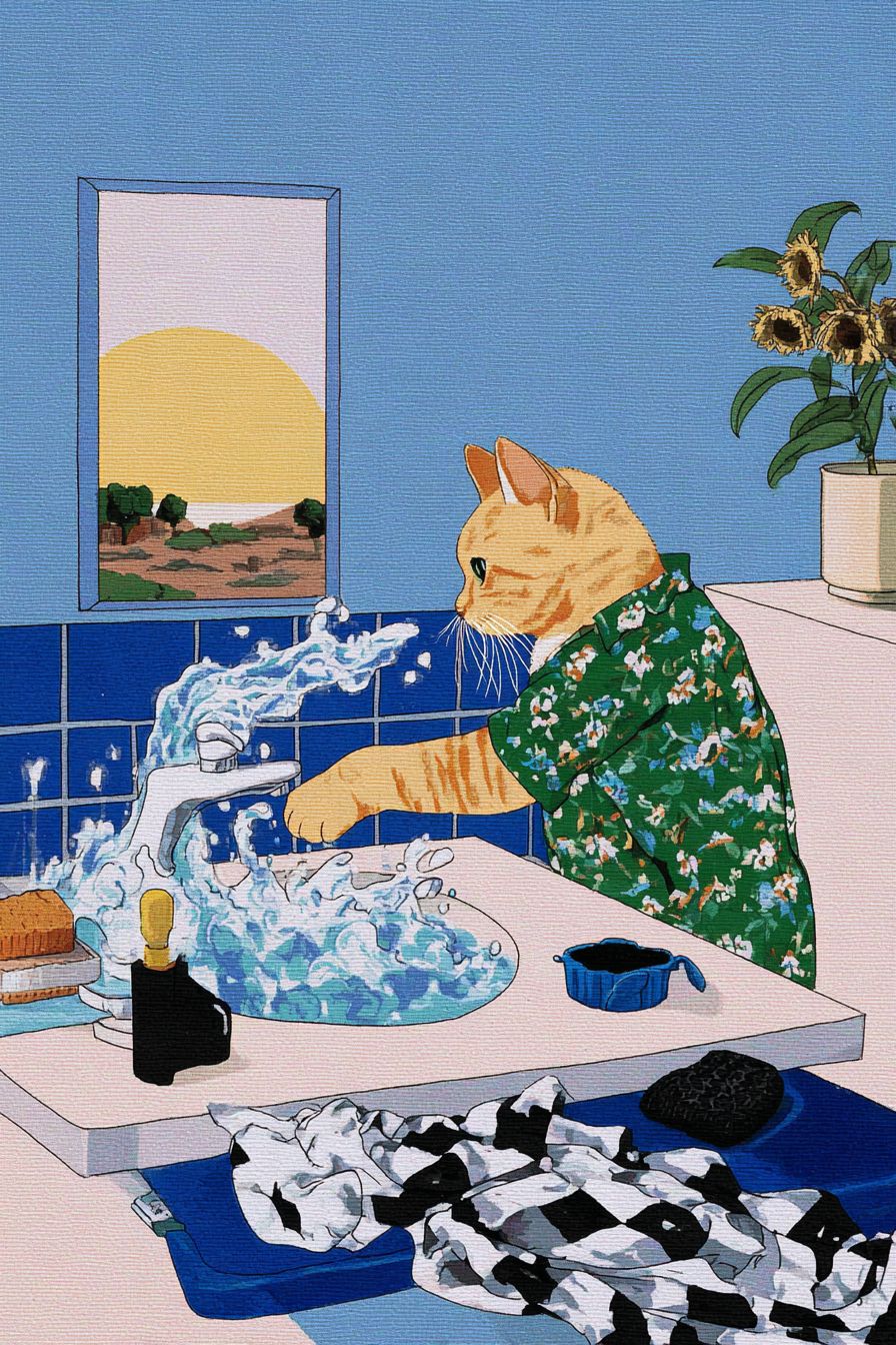 A cat is washing its hands in the bathroom sink