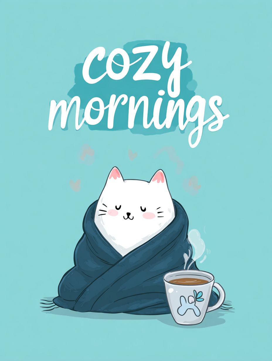 A cute cartoon cat wrapped in a blanket with a cup of hot coffee nearby on a blue background