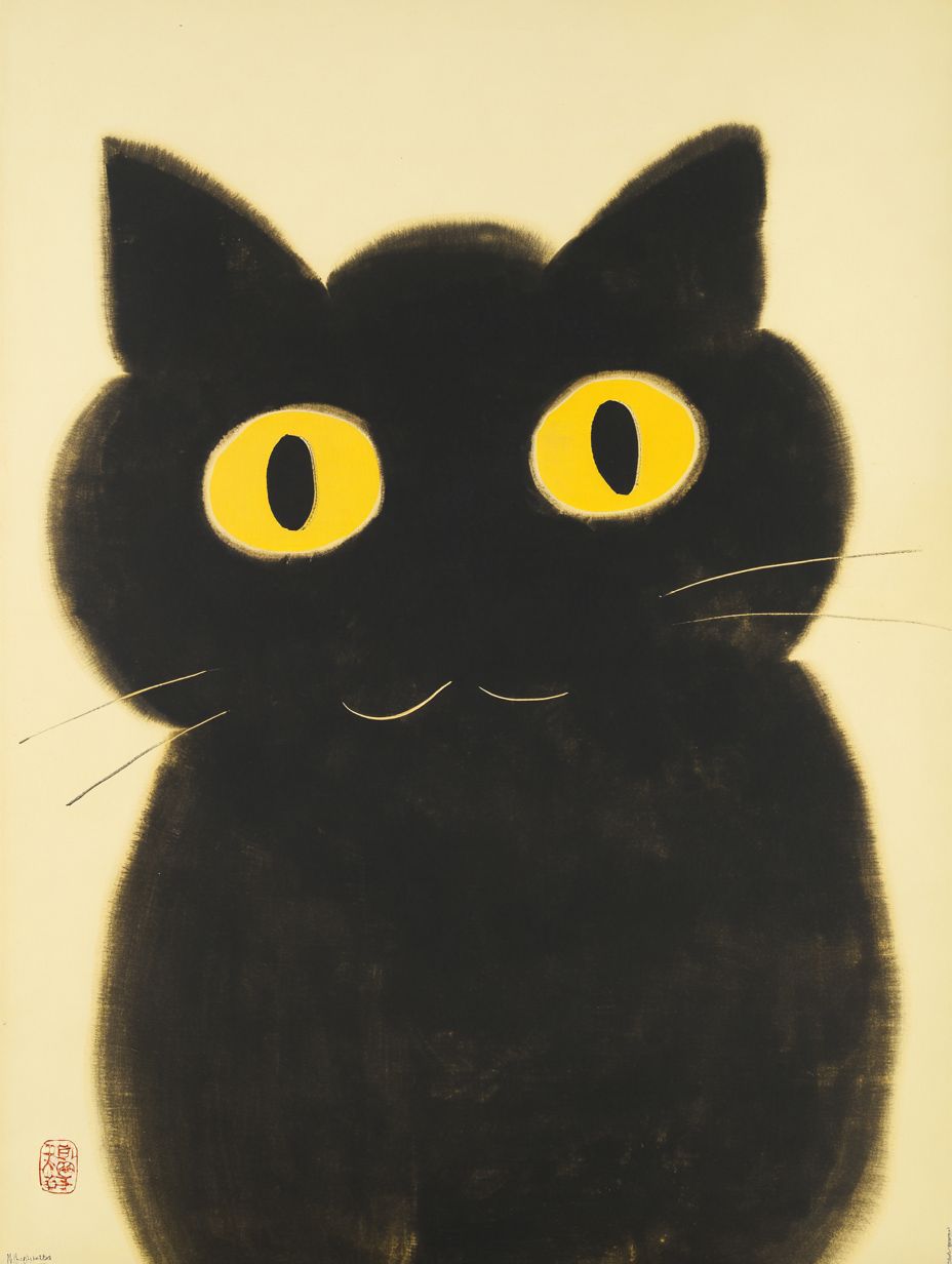 This piece features a black cat embodying childlike charm and sophisticated simplicity