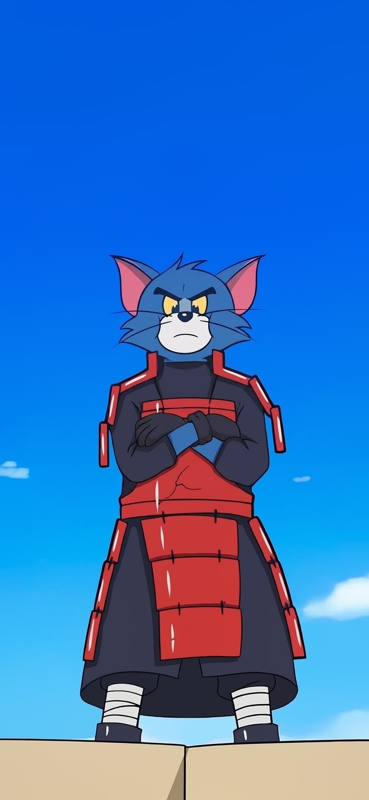 A blue-gray cartoon cat in red armor stands with crossed arms and a serious expression