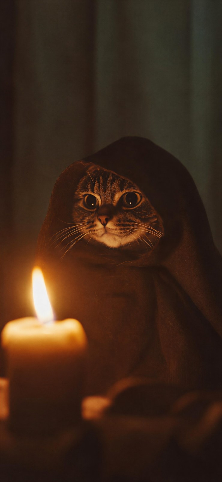 Un chat tigré est assis dans un environnement sombre, portant un manteau à capuche sombre