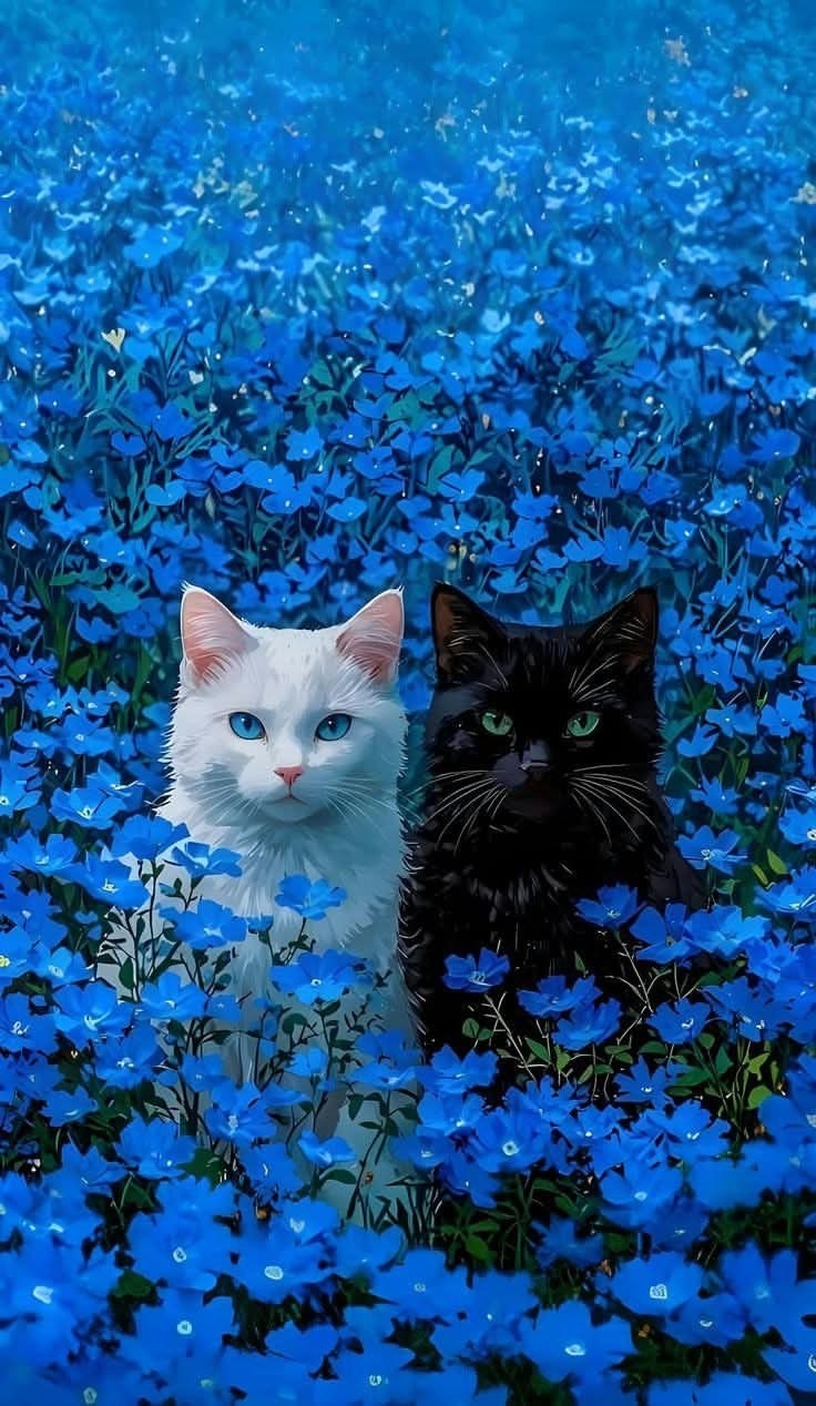 二匹の猫が青い花畑に座っている