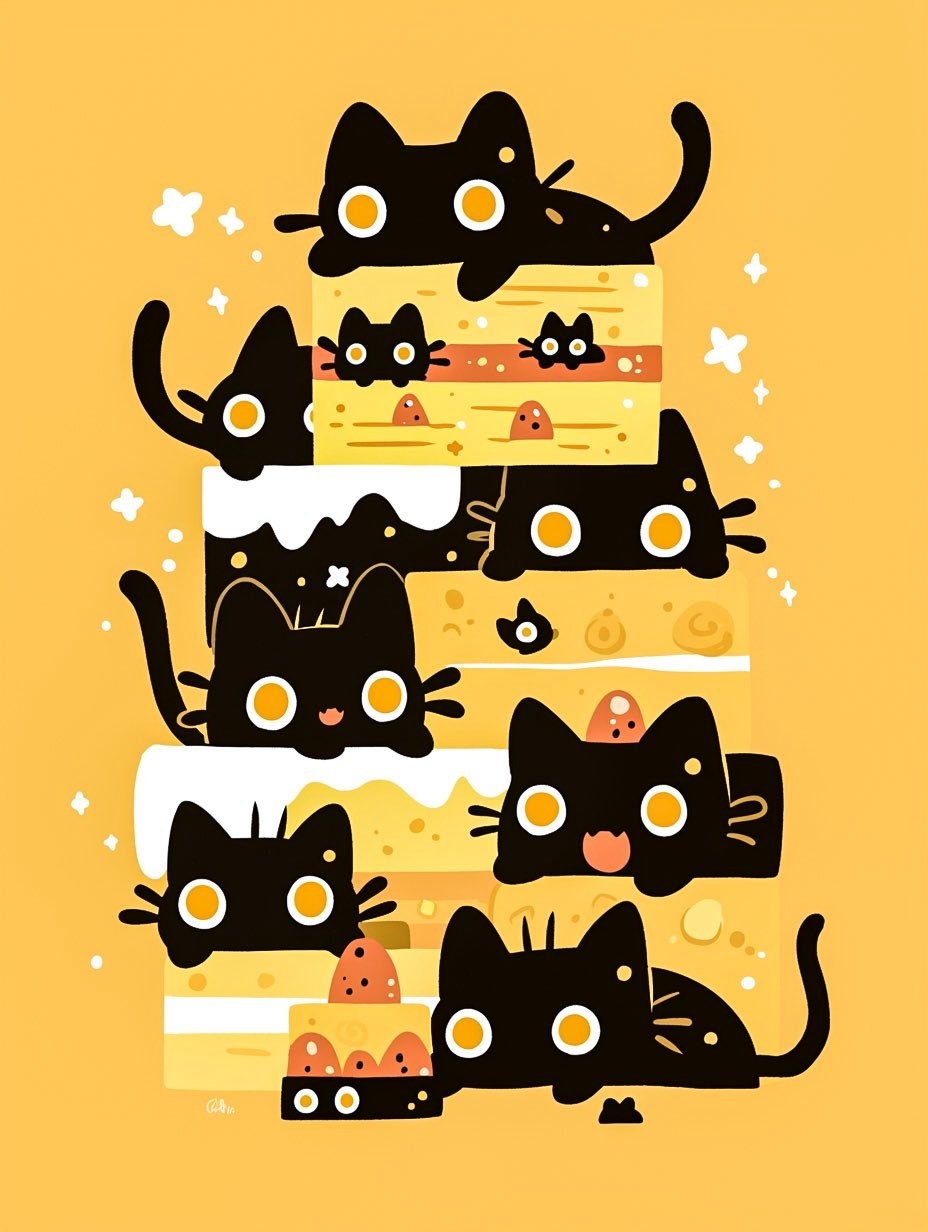 可爱扁平风插画描绘了一座多层奶油蛋糕与藏在其中的黑猫