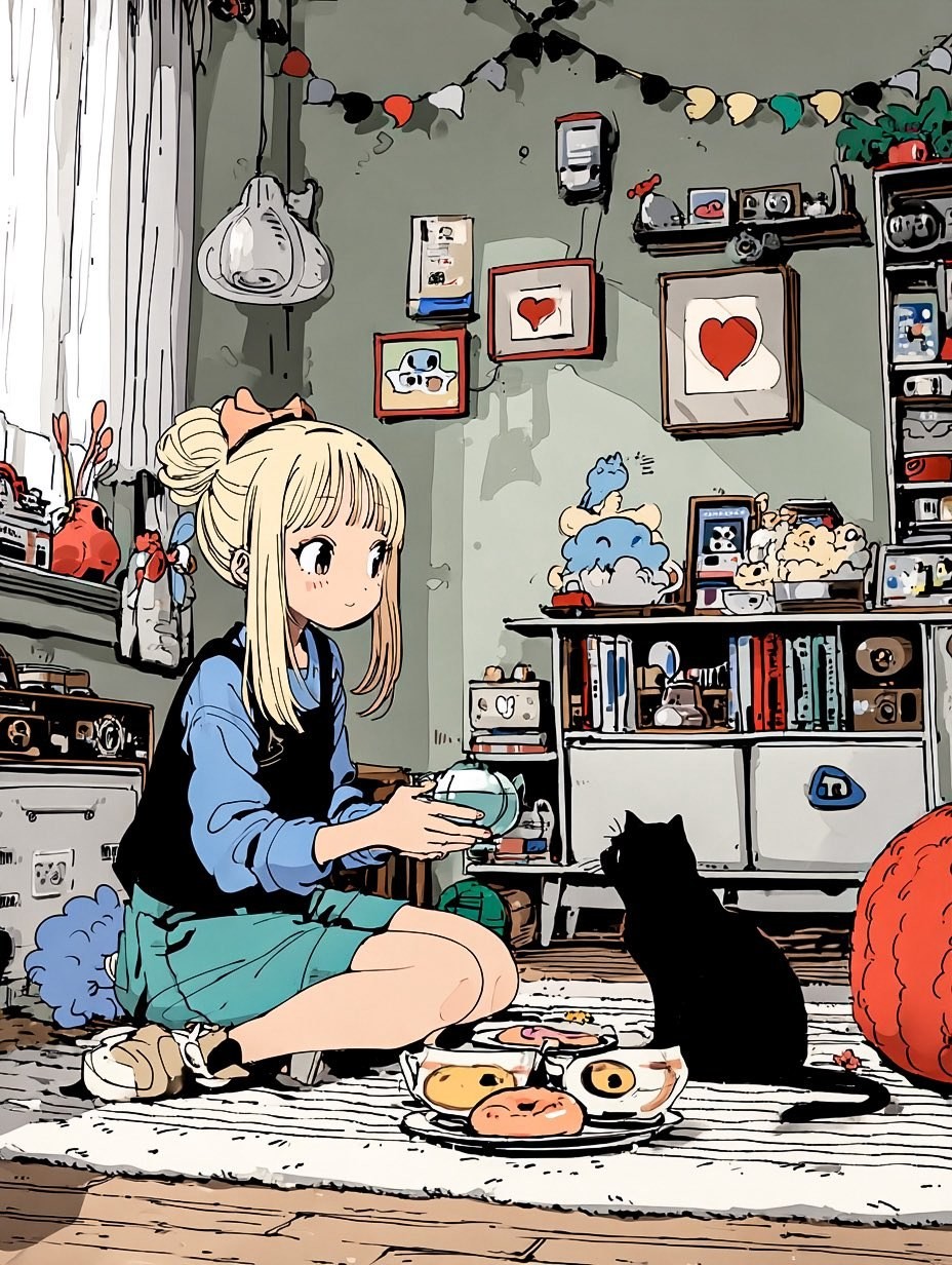 A blonde girl is feeding a cat next to tea snacks