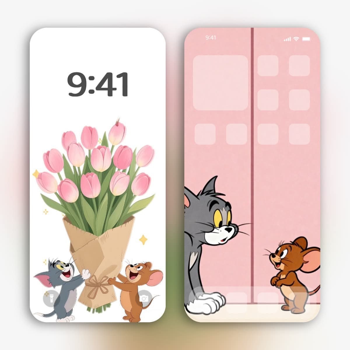 手机锁屏和桌面壁纸呈现灰猫与棕鼠捧花的可爱场景