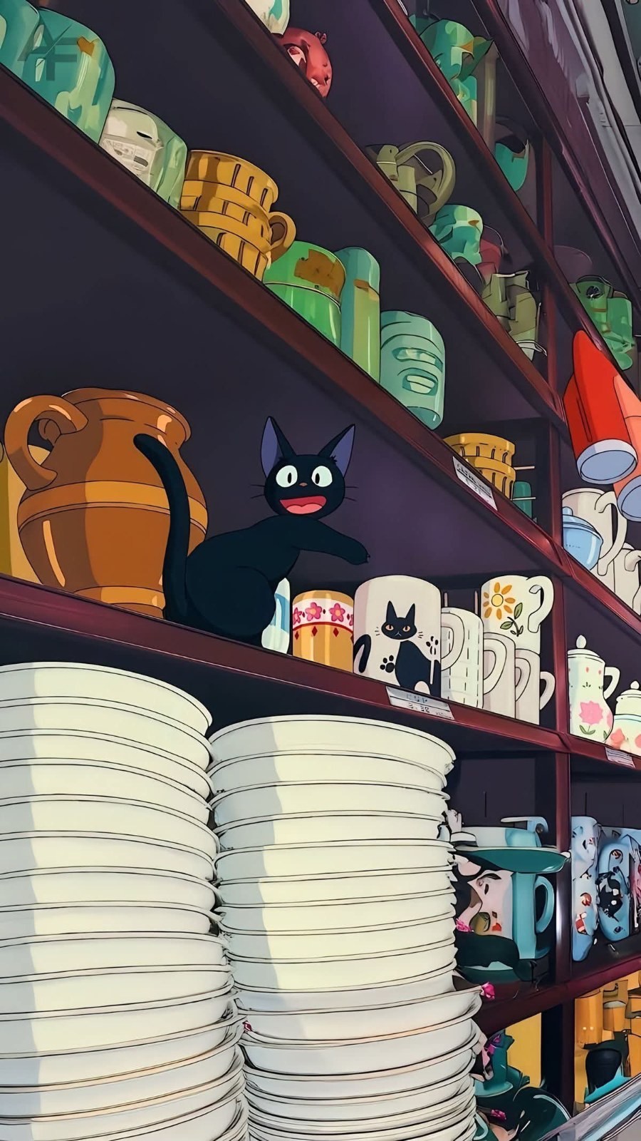 黒いカートゥーン猫が陶器の棚の上にいる
