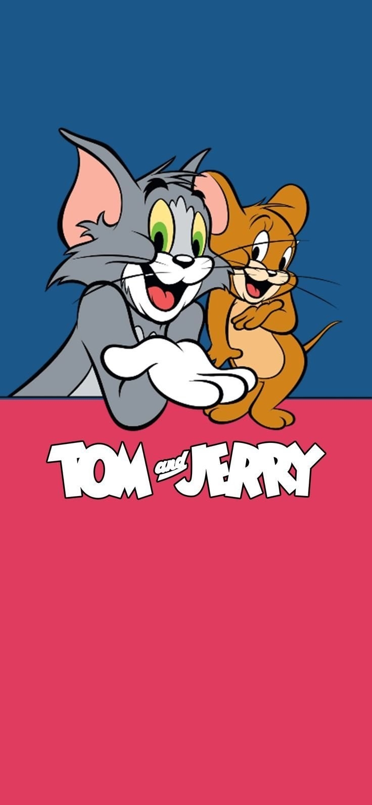 クラシックアニメキャラクターのトムとジェリーがマゼンタの平面に並んで立っている