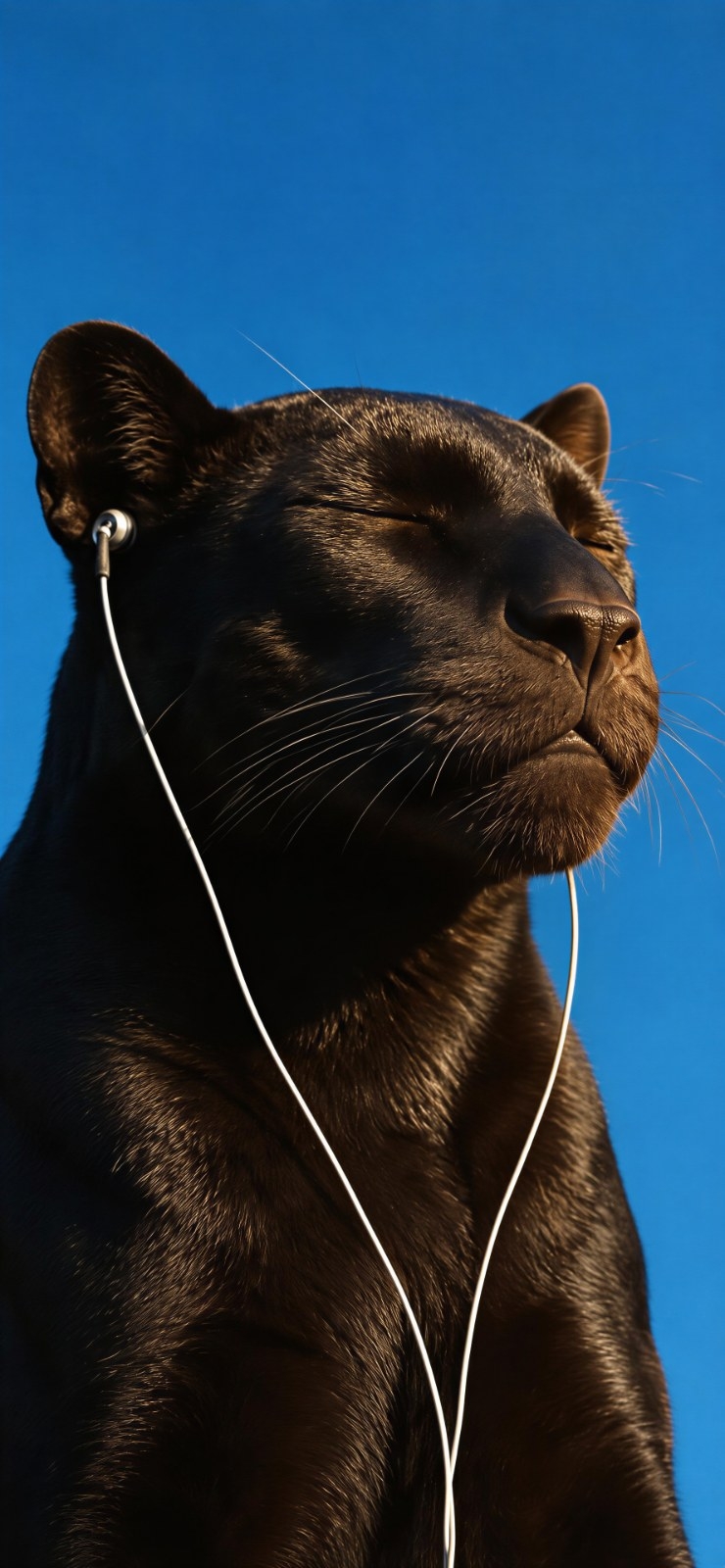 A black panther wearing white headphones is tranquil and absorbed
