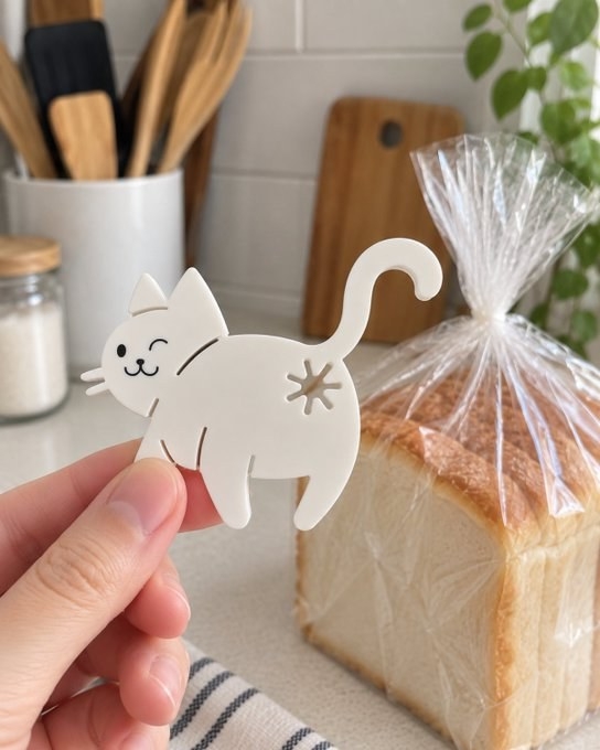 Une main tient une étiquette en forme de chat et du pain grillé emballé